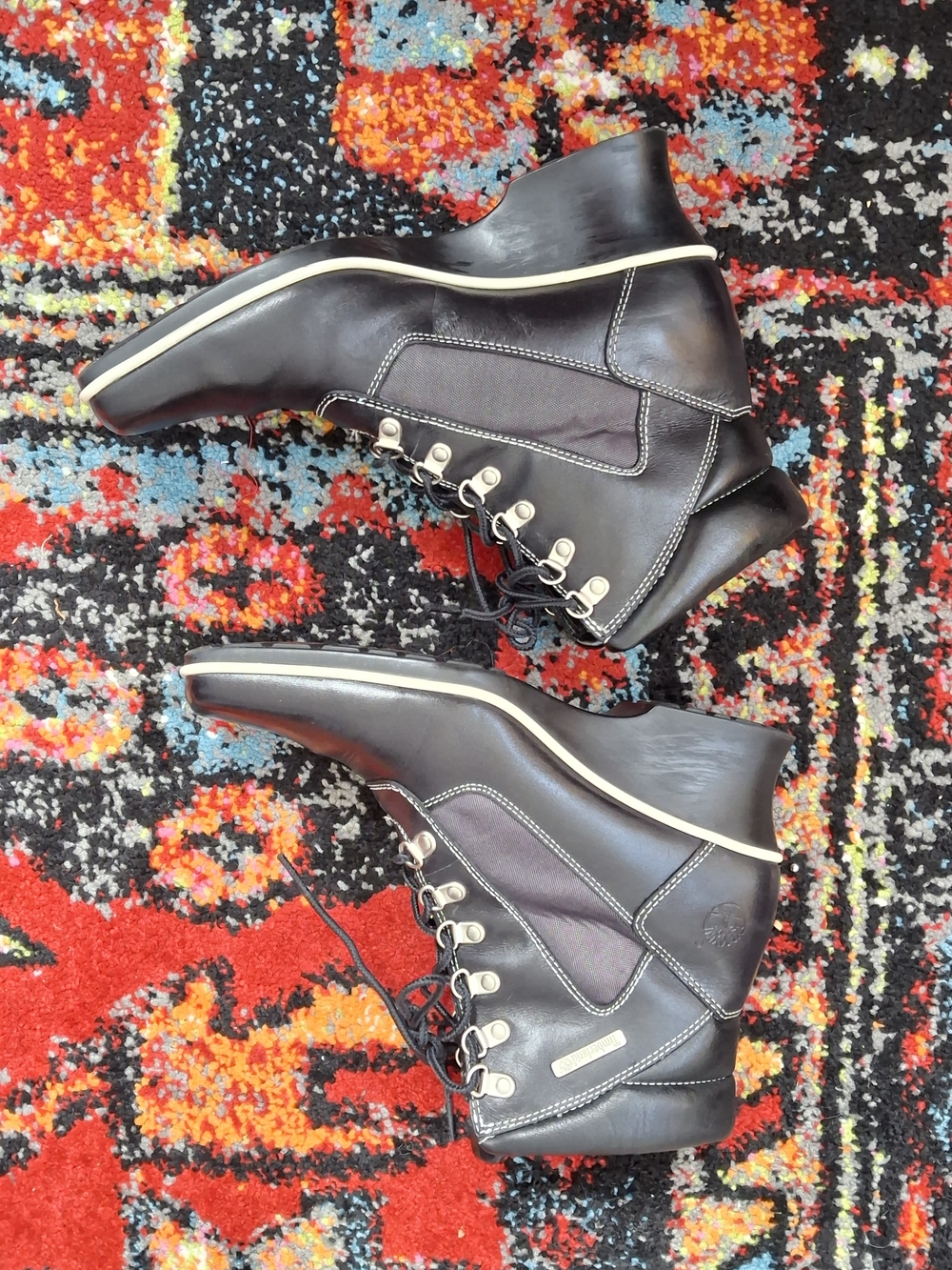 Vtg Timberlands Leather Women's Black&WhiteLace-Up Wedge Ankle Boots  Size 7.5